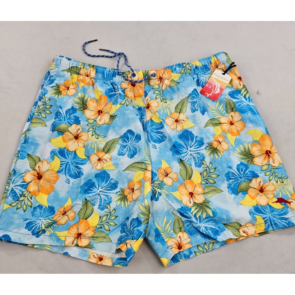 Tommy Bahama Relax Mens 2XL Swim Trunks Light Blue Orange Floral Hibiscus Mesh